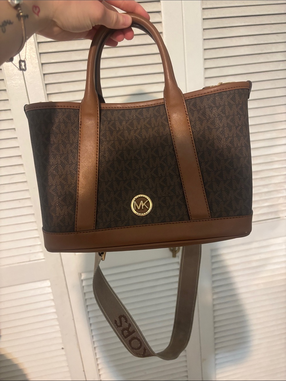 Michael Kors Brown Signature Canvas Messenger Tote with Tan Trim